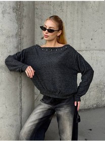 Resim Delikli Kenarlı Omuzları Açık Uzun Kollu Sweatshirt Antrasit 