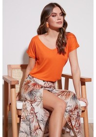 Resim Lela V Yaka Rahat Kesim Yırtmaçlı Bayan Bluz 5862000 Oranj 
