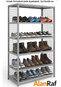 Resim Alanraf 6 Katlı Galvaniz Tel Kafesli Çelik Ayakkabılık Rafı 31x75x150 Cm Uzun Ömürlü Gri 