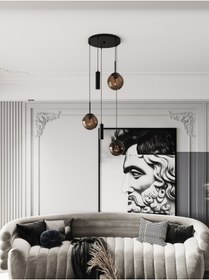Resim avizade VİENNA Modern Siyah Metal Gövdeli 5'li Sarkıt Avize - 3 Bal Cam Küre 2 Led Spot, E27 Duy-G10 Duy 