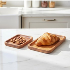 Resim 2'li Doğal Akasya Ahşap Dikdörtgen Servis Tabağı Ve Çerezlik Seti 12x9 Cm Ve 20x11 Cm Kahve Yanı Sunumluk, Sushi Ve Meze Tepsisi İkili Takım 