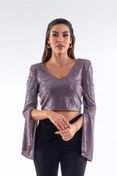 Resim LorraJo Vatkalı Kol Yırtmaçlı Lila Pul Varaklı Buzı Crop Top 
