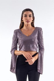 Resim LorraJo Vatkalı Kol Yırtmaçlı Lila Pul Varaklı Buzı Crop Top 