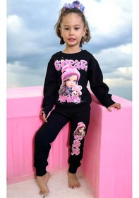Resim Lolliboomkids Kız Çocuk Oyuncak Bebek Fuşya Pembe Siyah Baskılı Sweatshirt Eşofman Alt Üst Takım Siyah Pembe Siyah - Pembe 