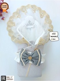 Resim Pembe Triko Örgü Kız Bebek Batttaniyesi Kundağı Kalın Dantelli Yenidoğan Hastane Çıkışı Hediyelik Gri 