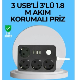 Resim Marsilyan 3 USB Çıkışlı 4’lü Akıllı Priz 2500W 2 Metre Kablo 