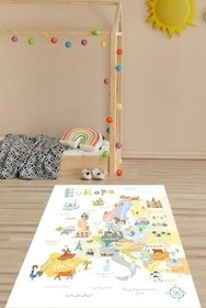 Resim Pelangi Dünya Haritası Eğitici Yıkanabilir Kaymaz Taban Leke Tutmaz Çocuk Odası Halısı, Beyaz-Mavi 80 x 150 