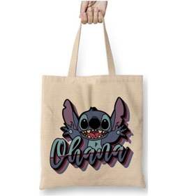 Resim Toyaso Ohana Vibes Stitch Beyaz Bez Çanta Uzun Saplı Alışveriş Çantası Plaj Çantası Beyaz 