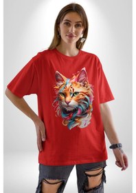 Resim Hayvan Kedi Sanat Potre Pamuklu Bisiklet Yaka Unisex Oversize Boyfriend Dijital Baskılı Kırmızı T-shirt Kırmızı 