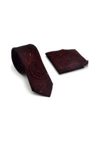 Resim Gaffy Bordo Lacivert Şal Desenli Dokuma Kumaş Mendilli Slim Fit Kravat // Sdk-2604-4 Bordo 