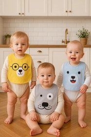 Resim BUUDE Bear Desenli 3'lü Sıvı Geçirmez Bebek Mama Önlüğü 0-18 Ay - Sarı 