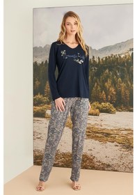 Resim Monamise Kadın Yaprak Desenli Romantic Life Pijama Takımı 23168-lacivert Lacivert 