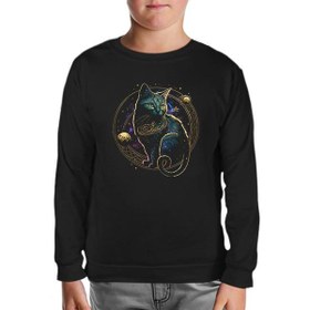 Resim Magical Cat in Space with the Moon and Planets Siyah Çocuk Sweatshirt 