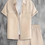 Resim Erkekler için rahat iki cepli kısa kollu gömlek ve bağcıklı spor şort takımı - Siyah polyester, yaka ile düğmeli, rahatlamak ve dış mekan etkinlikleri için mükemmel, rahat kıyafet|Kısa Kollu Gömlek|Polyester Kumaş 
