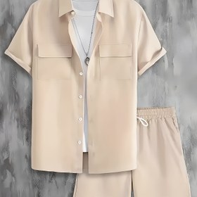 Resim Erkekler için rahat iki cepli kısa kollu gömlek ve bağcıklı spor şort takımı - Siyah polyester, yaka ile düğmeli, rahatlamak ve dış mekan etkinlikleri için mükemmel, rahat kıyafet|Kısa Kollu Gömlek|Polyester Kumaş 