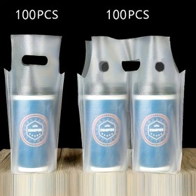 Resim 100 adet Şeffaf Dayanıklı İçecek Çantaları Saplı - Tek/Çift Bardak Seçenekleri Kahve Dükkanları, Restoranlar & Catering Hizmetleri için - Sıcak/Soyaçılı İçecekler için Taşınabilir Gıda Güvenli Paketleme Torbaları, Restoran Ambalajı, Basit Tasarım 