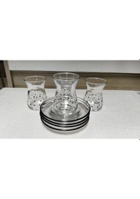 Resim Rak Le Cam Kalp Dekorlu Tabaklı 4 Kişilik 8 Parça Çay Bardak Seti - 132 Cc Şeffaf 