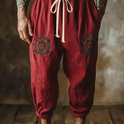 Resim Erkek Vintage Kırmızı Çiçek Baskılı Joggers - Rahat, Nefes Alabilen Pamuk ile Esnek Bel Bandı, Günlük Dış Giyim için Mükemmel, Bahar/Sonbahar Sezonu, Günlük Giyim Pantolonları | Çiçek Baskılı Joggers | Rahat Fi 