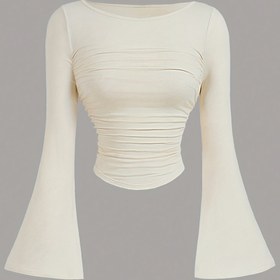 Resim Rahat Düz Renkli Tekne Yaka Zil Kollu Kırışıklı Bel Çok Fonksiyonlu T-Shirt, Cadılar Bayramı Gömleği, Uyumlu Tişört, Kollu Üst, Uzun Kollu Kadın Üstü. 