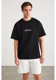 Resim Grimelange RICO Erkek %100 Pamuklu Önü Ve Arkası Baskılı Bisiklet Yaka Kısa Kollu Oversize Siyah T-Shirt 