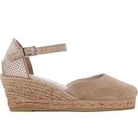 Resim Women's Gray Ankle Strap Wedge Heels Suede Leather Espadrille 