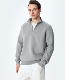 Resim Uzun Kollu Pamuk Karışımlı Şardonlu Basic Yarım Fermuarlı Sweatshirt 
