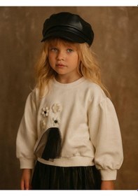Resim Kız Çocuk Pamuklu Örme Nakışlı Tüllü Sweatshirt-16218 KREM 