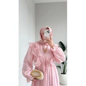 Resim Esra Butik Pudra Pembe Kuşaklı Volanlı Tensel Uzun Tesettür Elbise 