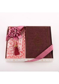 Resim Kuran + Seccade + Tesbih Hediye Seti Orta Boy, Termo Deri, Desenli Kutu, Bordo 