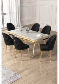 Resim Canisa Pem Serisi 90x160 Lak Panel Beyaz Mermer Desen Gold Ayak Masa Takımı 6 Siyah Sandalye Beyaz Mermer Desen Masa Sandalyeler Siyah 