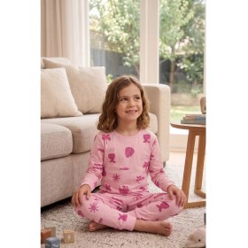 Resim Zuzunga Deniz Temalı Pembe Renk %100 Pamuk Kız Çocuk Pijama Takımı 