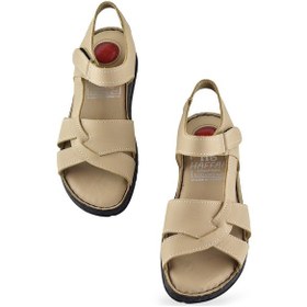 Resim 132 Tam Ortopedik Topuk Jelli Hakiki Deri Kadın Sandalet Deri Sandalet Bej 