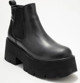 Resim Luvishoes Clen Siyah Cilt Hakiki Deri Lastikli Kadın Kalın Tabanlı Bot Siyah-Cilt 