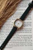Resim QUARTZ Minimal Vintage Koyu Yeşil Rose Gold Deri Kol Saati 