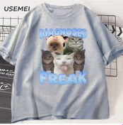 Resim Usemeı Freak Komik Kedi T-shirt Unisex Pamuk Rahat Yuvarlak Boyun Streetweargrierkek Gri 