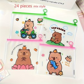 Resim 24 adet Kapibara Karikatür PVC Dosya Çantaları | Renkli Fermuar Kapatma ile Şeffaf Mat Kaplama | Belgeler ve Kırtasiye için Çok Amaçlı Ofis Düzenleyici | Eğlenceli Ayı Tasarımları | Dayanıklı ve Çok Yönlü Depolama 
