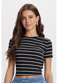 Resim Tudors Kadın Slim Fit Dar Kesim Pamuklu Yumuşak Dokulu Kısa Kollu Bisiklet Yaka Siyah Tişört-50685 