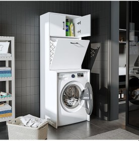 Resim Çamaşır Sepetli Çamaşır Makinesi Dolabı, Banyo Dolabı Mat Beyaz 