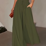 Resim JingFei Kadın Geniş Bacaklı Pantolon, Sahte Bağcıklı Düz Renk Yeşil Polyester Pantolon, Bahar/Yaz/Sonbahar için Rahat Cilt Dostu Kumaş, Rahat Stil Pantolon|Troughleg Pantolon|Glossy Finish Pantolon 