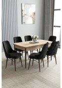 Resim Zümra Serisi, Meşe Desen 80x132 Açılabilir Mdf Mutfak Masası Takımı 6 Adet Sandalye, Siyah 