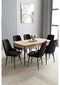 Resim Zümra Serisi, Meşe Desen 80x132 Açılabilir Mdf Mutfak Masası Takımı 6 Adet Sandalye, Siyah 