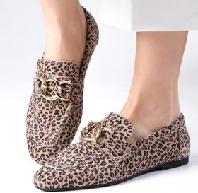 Resim Mio Gusto Myrcella Hakiki Süet Bej Renk Leopar Desenli Zincir Aksesuarlı Küt Burunlu Kadın Loafer Ayakkabı 