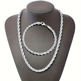 Resim 2 Adet (Kolye + Bileklik) Gümüş Kaplama Twist Zincir. Erkek ve Kadın Kolye Bilezik Aksesuarları 