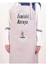 Resim Mutfak Önlüğü Kişiye Ve İsme Özel Nakışlı Mutfak Önlüğü Fincan 02 Farklı Renkler Gri 
