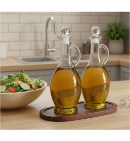 Resim Rembox Bambu Standlı Kulplu Yağdanlık Seti – 2’li 500 ml Kristal Tıpalı (Koyu Renk Altlıklı) 