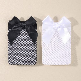 Resim 2 Adet Kızlar İçin Şık Fiyonklu Balık Ağı Çorap - Yumuşak & Rahat Orta-Baldır Moda Çorap Siyah & Beyaz, Nefes Alabilen Polyester Karışımı, İlkbahar/Yaz İçin İdeal, Sevimli Çoraplar 