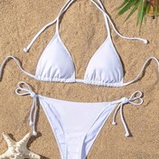 Resim Solid Color Triangle 2 Parça Bikini Seti, Halter V Yaka Bağcıklı Sırtı Açık Bağcıklı Yüksek Kesim Mayo, Kadın Mayo Ve Giyim 
