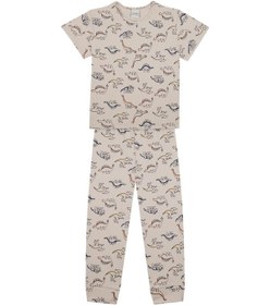 Resim Antebies Organik Bej Dinazor Desenli Beli Lastikli Kısa Kollu Erkek Çocuk Pijama Takımı Krem 