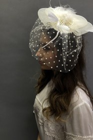 Resim Hayalperest boncuk Gelin Aksesuarı Beyaz Puantiyeli Vualet Nikah Şapkası 