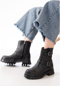 Resim 2051-2014 Siyah Tokalı Düz Topuklu Tokalı Fermuarlı Günlük Kadın Bot Beyaz 